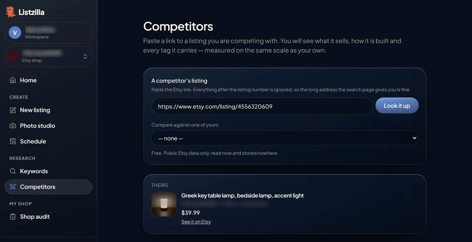 Competitors: a listing link pasted in, and the listing it found