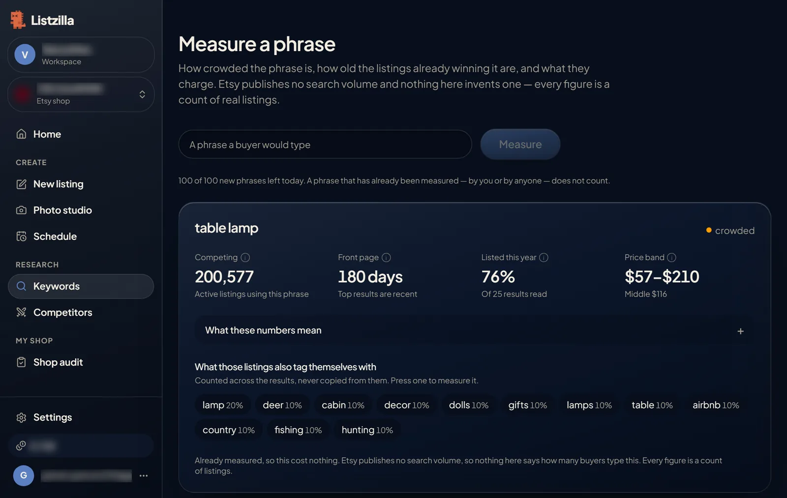 Keywords: the phrase table lamp measured, with competing listings, front page age, listed this year and price band