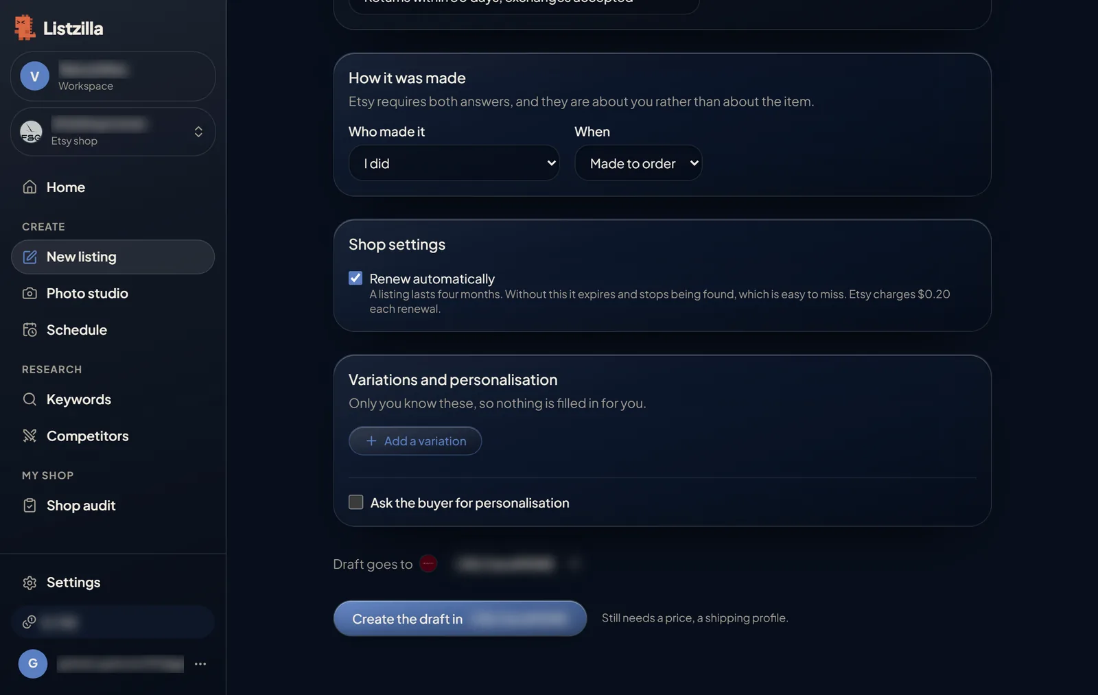 The bottom of the listing page with the Create the draft button