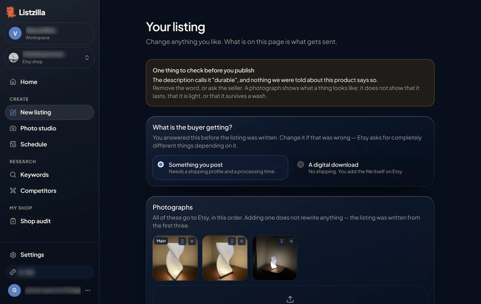The top of a written listing, with a note to check before publishing and the choice between a posted item and a digital download