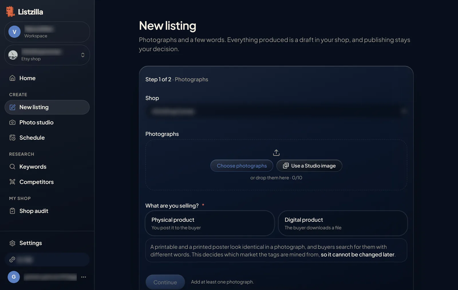 The first step of New listing, with the photo box and the choice between a physical and a digital product