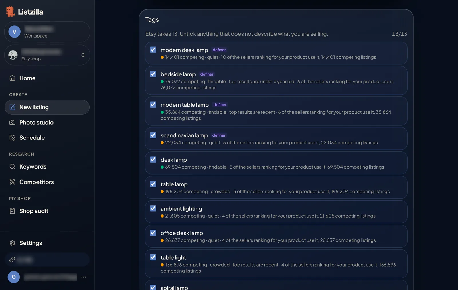 The tags list, each tag with the number of competing listings and how crowded it is