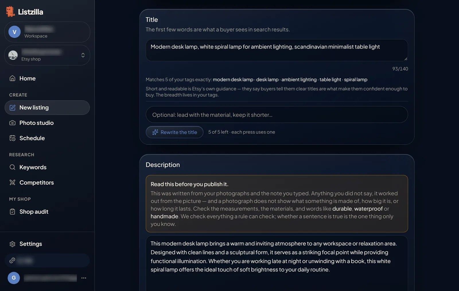 The title and description sections, with the Rewrite the title button