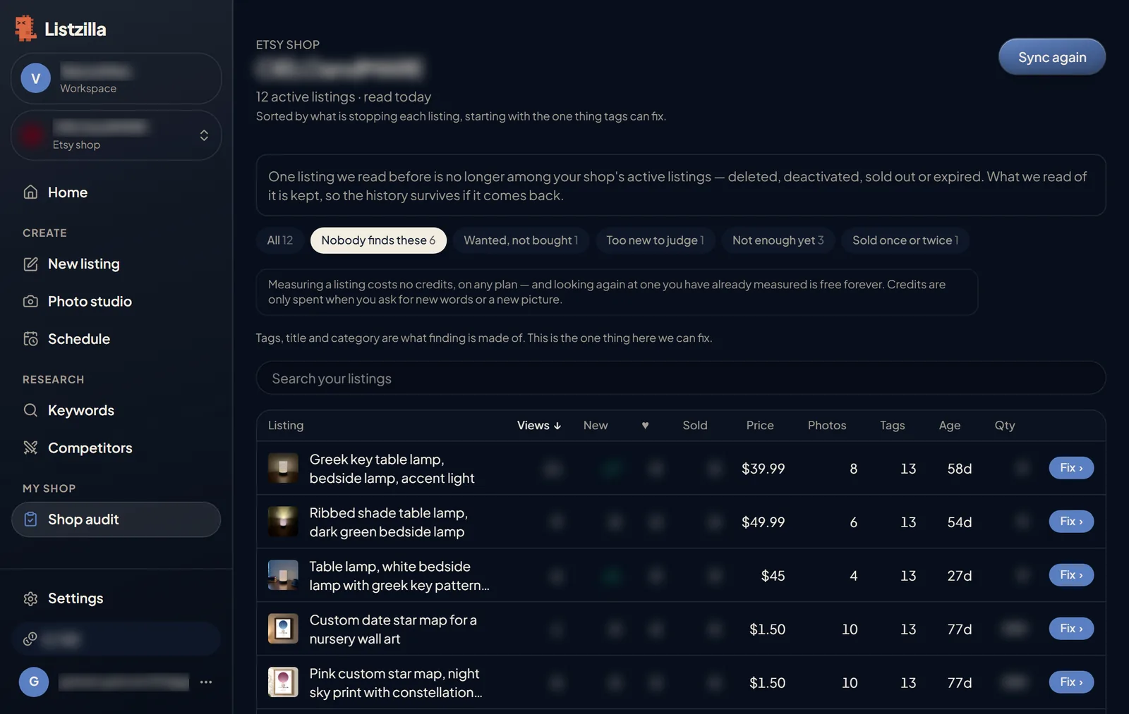 Shop audit: listings grouped by what is holding them back, with views, sales, price, photos and tags for each