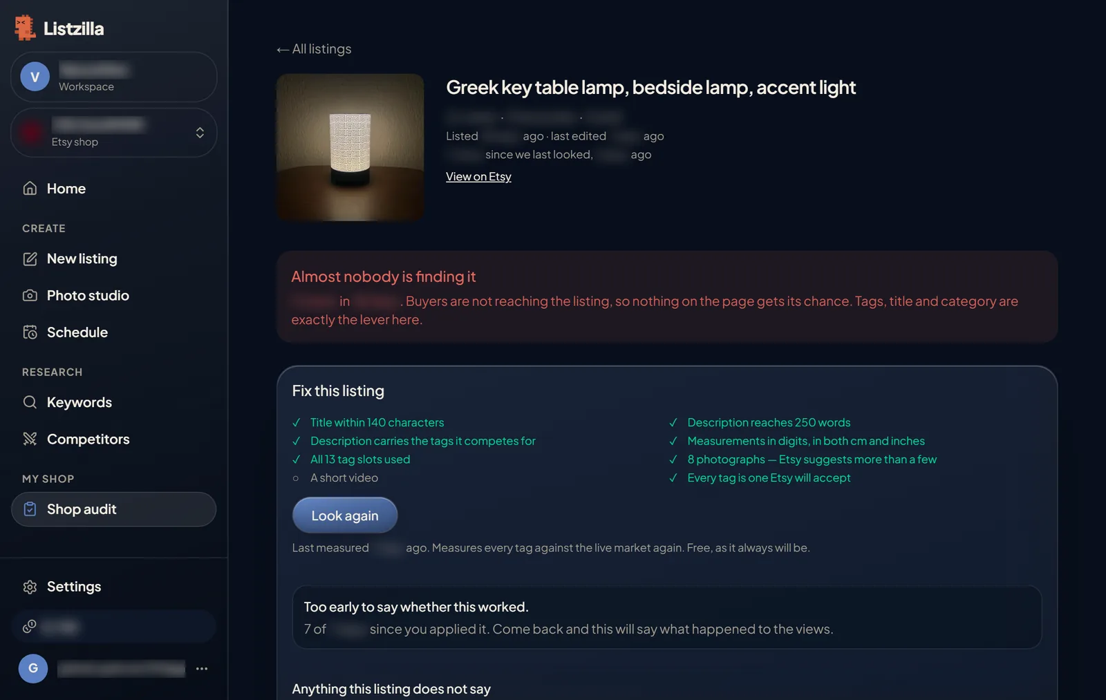 One listing in Shop audit: what is holding it back, and a checklist of what is already done