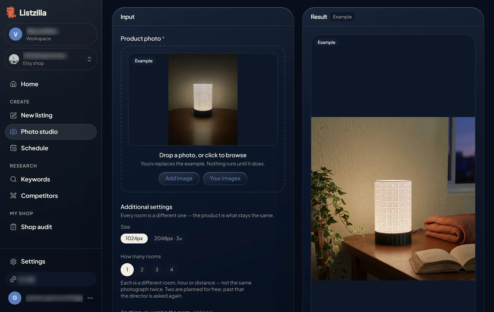 The Lifestyle scene template with an example product photo and the room it was placed in
