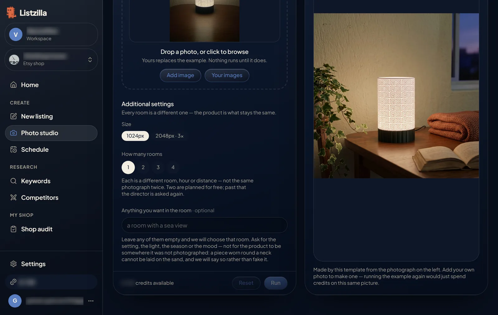 The Lifestyle scene settings: size, number of rooms, what you want in the room, and the Run button