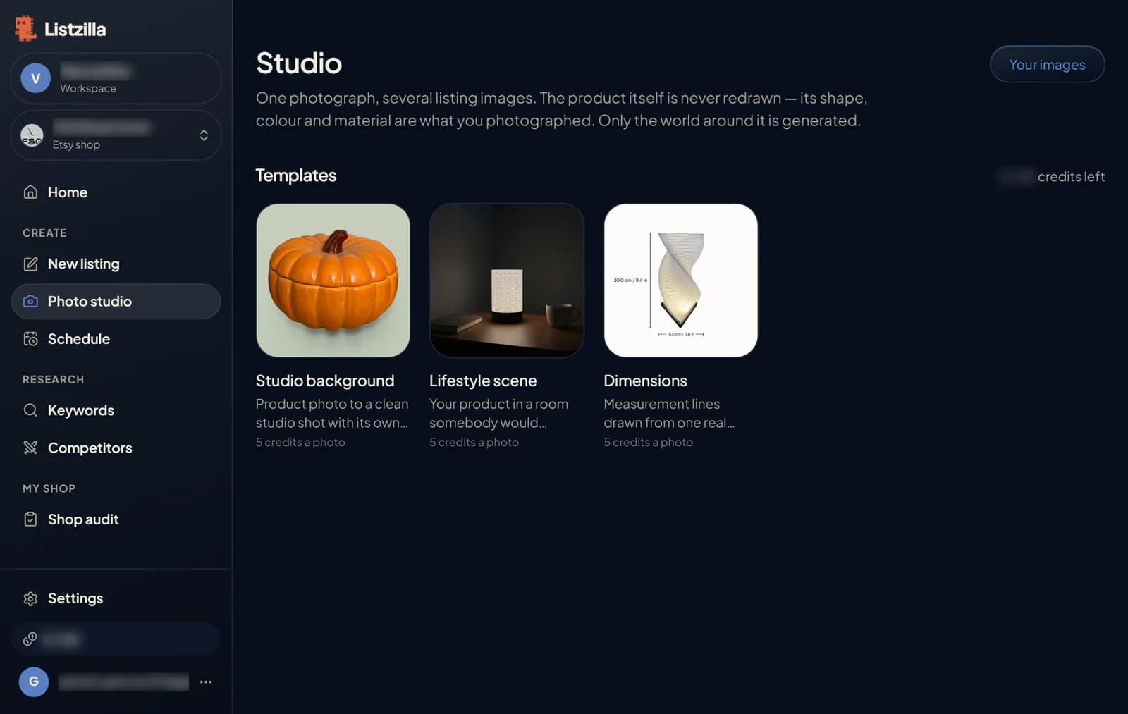 The three Studio templates: Studio background, Lifestyle scene and Dimensions