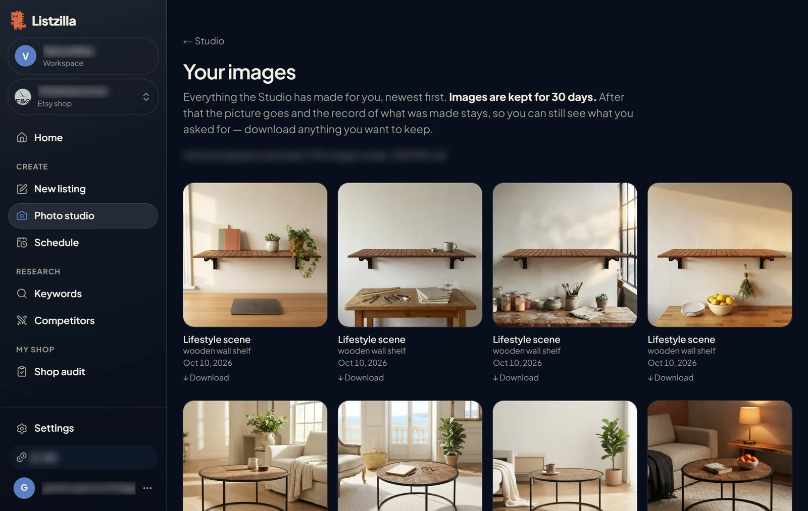 Your images: room scenes made in Studio, each with a Download link